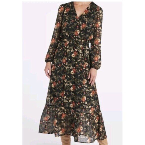 nine britton Dresses & Skirts - Nine Britton Stitch Fix Maxi Dress Size XXL Black Floral Print Belted Chiffon